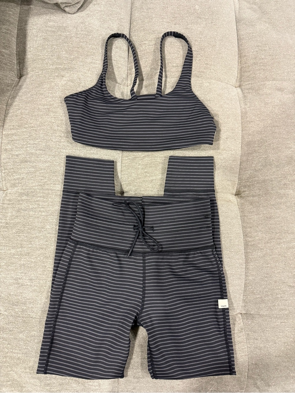 Vuori Black & Gray Striped Sports Bra and High-Waist legging